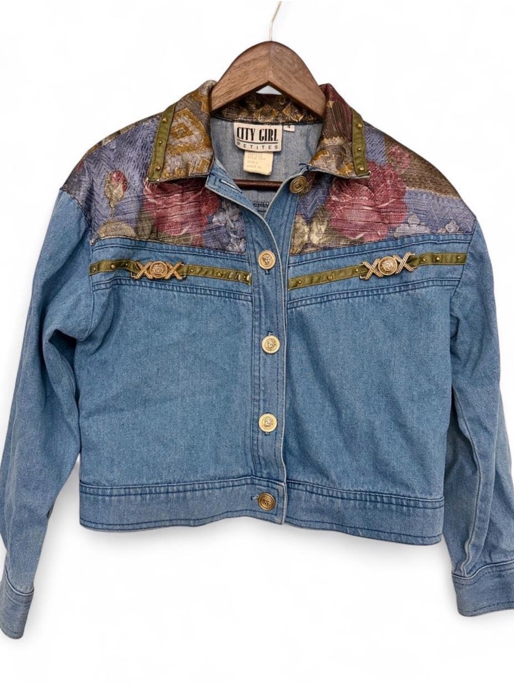 Vintage 90s City Girl Petites Floral Yoke Tapestry Denim Jacket Size 4